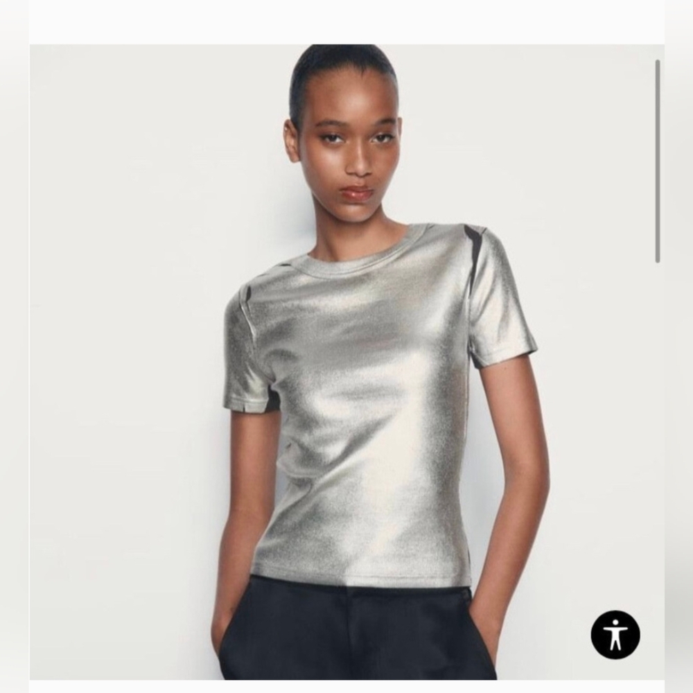 Zara Metallic Silver Foil Ribbed T shirt